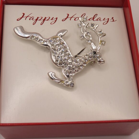 Reindeer Silver Tone Rhinestone Brooch - Picture 2 of 8